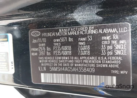 2010 Hyundai Santa Fe Se z USA, uszkodzony, nr VIN 5NMSH4AG5AH358409